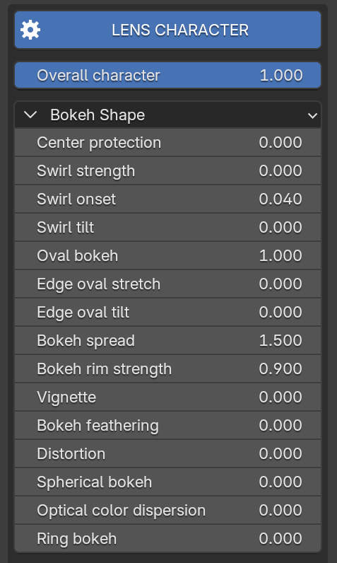 Lens Character panel in Blender with Overall character and Bokeh Shape controls