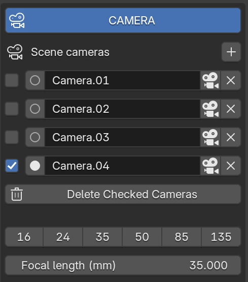 Camera panel in Blender with scene cameras, focal length presets, sensor and output dimensions
