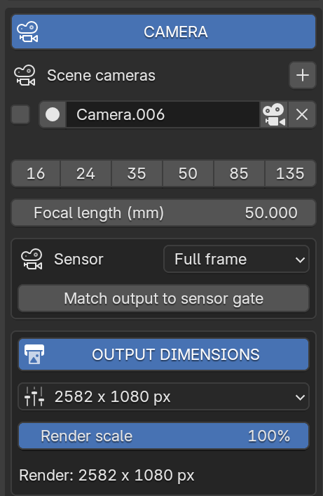 Camera panel in Blender with scene cameras, focal length presets, sensor and output dimensions