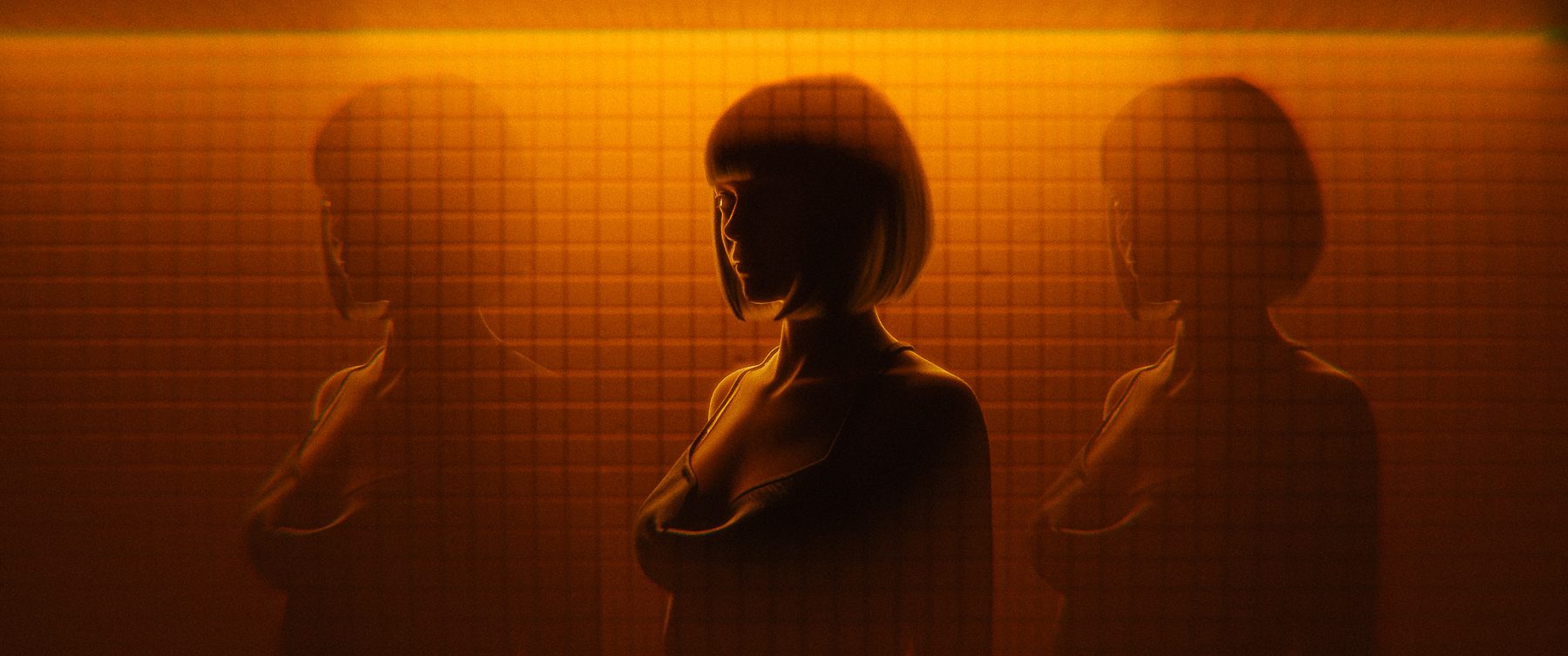 Woman in an amber-lit tiled room with a clear central figure and prism reflections at both sides